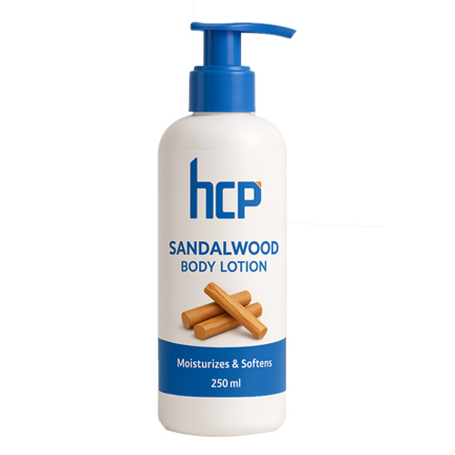 Sandalwood body lotion bottle by HCP Wellness – private label body lotion manufacturer in India