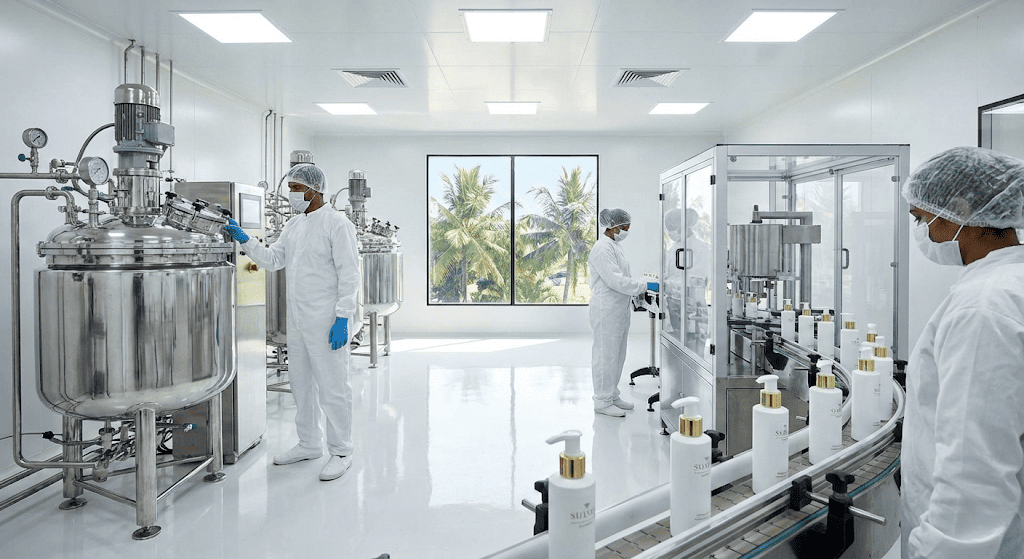 GMP-certified OEM cosmetic manufacturer facility producing premium skincare products